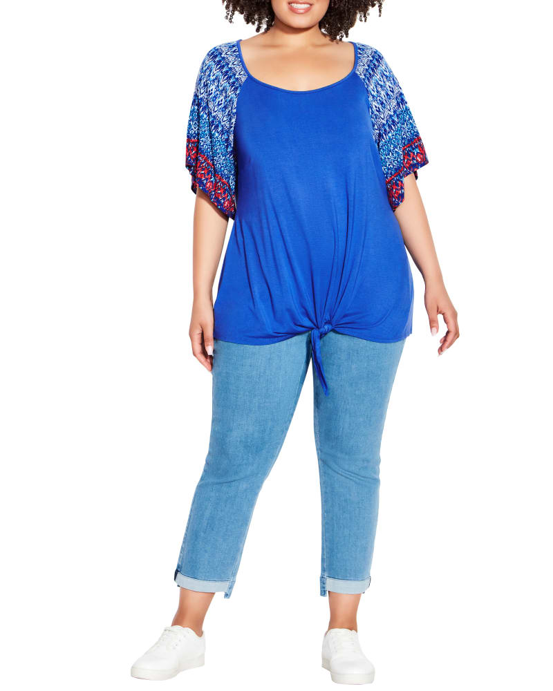 Front of a model wearing a size 14 Gracie Tie Front Top in Azure Blue / Red by Loralette. | dia_product_style_image_id:214372
